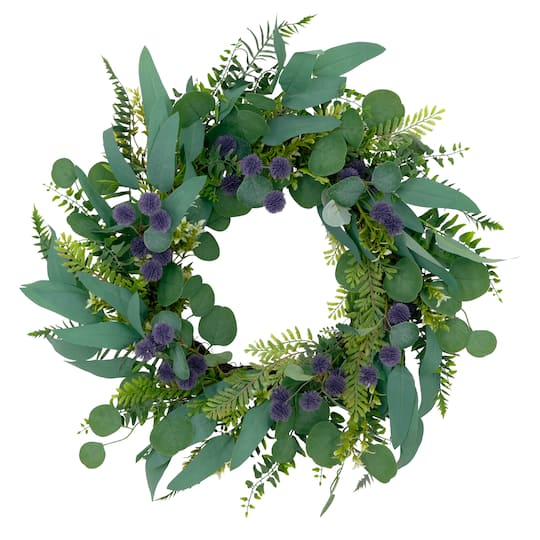 24&#x27;&#x27; Green and Purple Echinops Floral Spring Door Wreath